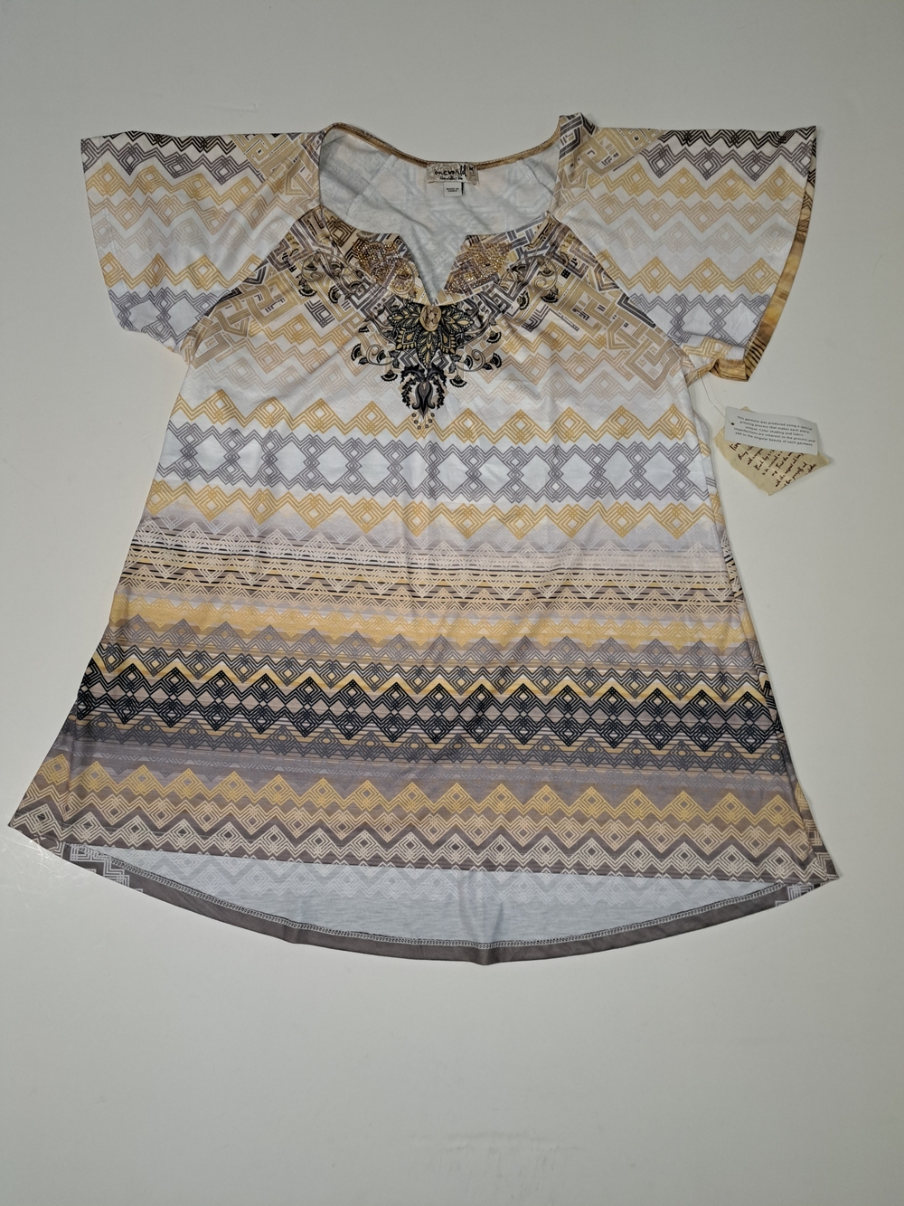ONE WORLD Yellow, Gray & White Patterned Short Sleeve Tunic